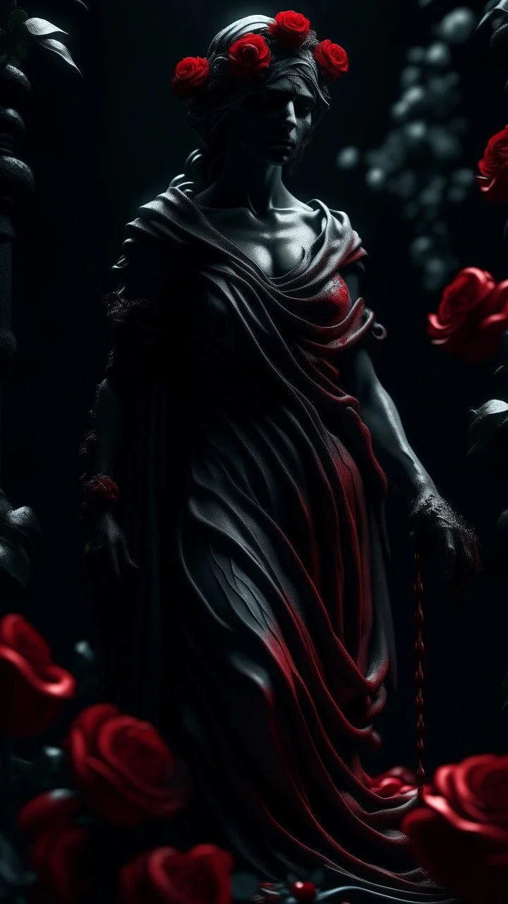 The statue of Justice, dripping with blood, wears a red blindfold. She carries a scale full of blood-red flowers, and poppies grow from underneath her and climb up the statue. Dark garden background. Dark garden background cinematic.