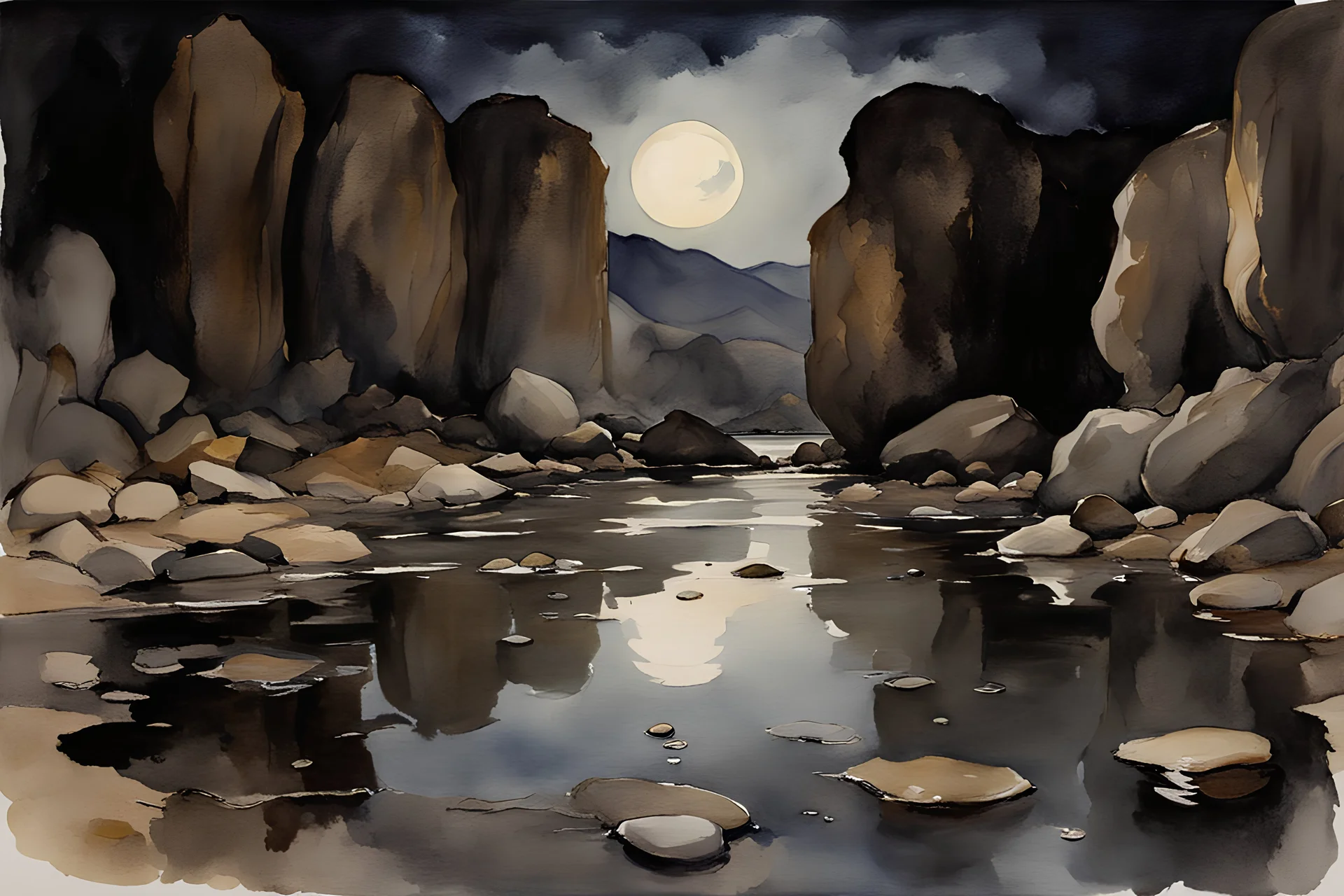 Night, rocks, puddle, gothic horror movies influence, puddle, mountains, epic, john singer sargent watercolor paintings