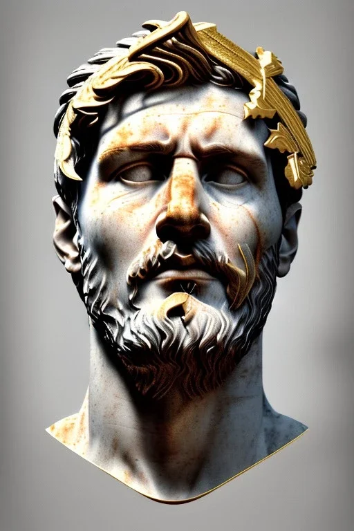 Ultra Realistic image, Roman sculpture, white marble material, Lionel Messi, gold Laurel leaves wreath, renaissance ornaments, radial gold lines, one gold star in heart, radial composition, geometric ornaments, blue marble background, chisel style, waist up portrait, emperor style, epic, celestial, cinematic lighting, God light, god rays, 4k resolution, smooth details, ornate details, soft lighting, unreal engine 5, art station, substance 3d.