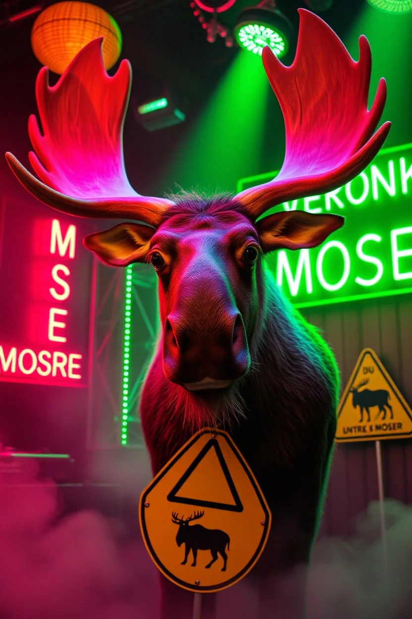 An big female moose with big eyes "Veronika Moser" performing at dance club, her name is "Moser" HAIRY FRUITS EVERYWERE On stage, Green Neon lights and smog, and "VERONIKA MOSER" big sign on the wall, "DU UND ICH UND MOSER" red plate sign, Swedish Yellow warning sign with moose