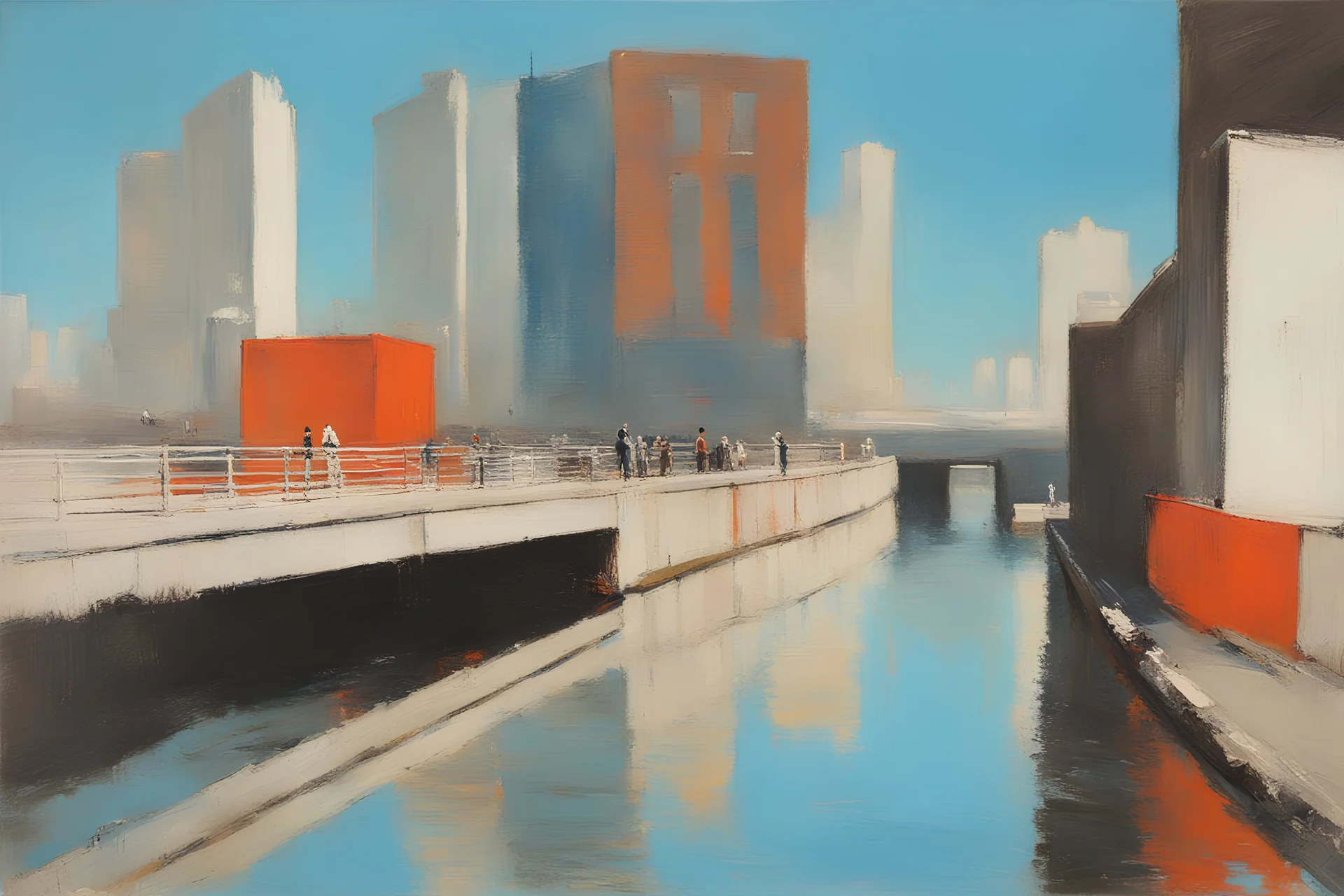 mirror's edge, bright day, city, dam, waterway, brilliant color, blue sky, willem maris painting