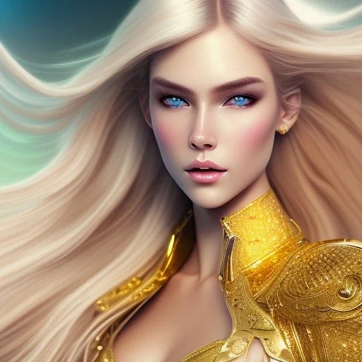 gold man, beautiful, soft, bue eyes, hight definition skin,blue eyes,sparkling makeup, very long blond hair, fairy style , highly detailed body, sun light, 4K, RAW, depth of field,high contrast,realistic