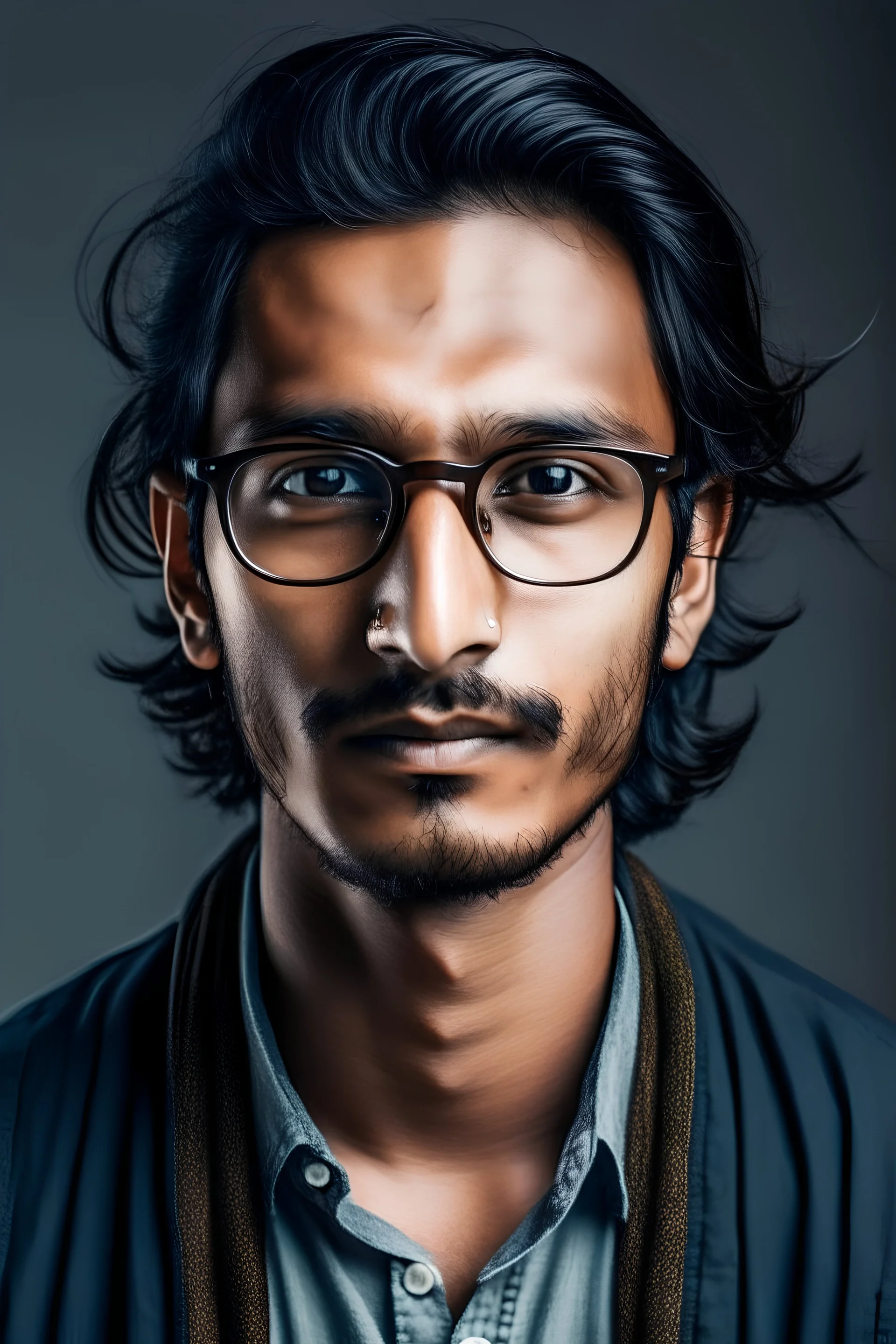 He is Indian and has glasses