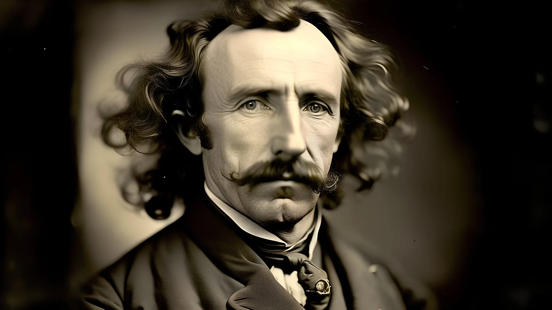 A daguerreotype photograph portrait of George Armstrong Custer with crazy wavy hair a pyramidal mustache in the late 1800s, taken in the late 1800s, 1870s, taken by Matthew Brady, sharp focus