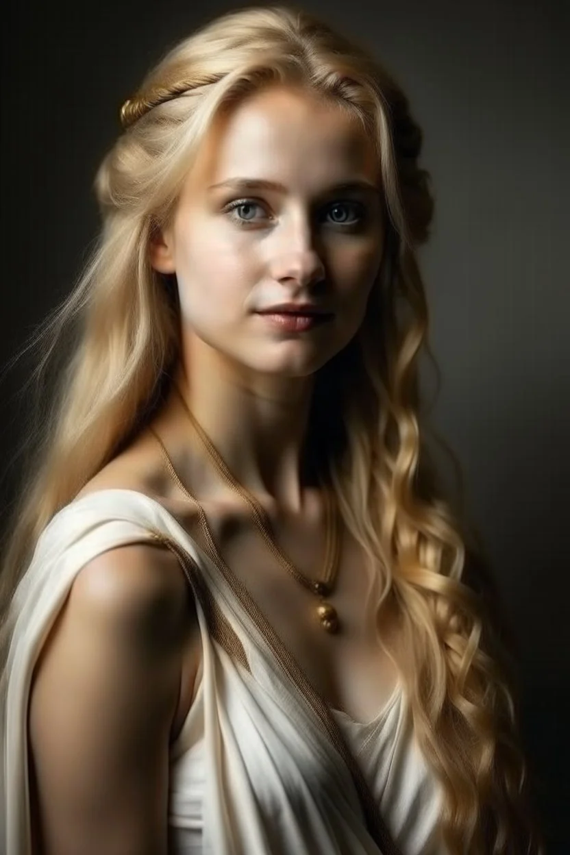 portrait of a woman who looks like an elegant, greek goddess; she is beautiful and has long blond hair, friendly, kind and gracious