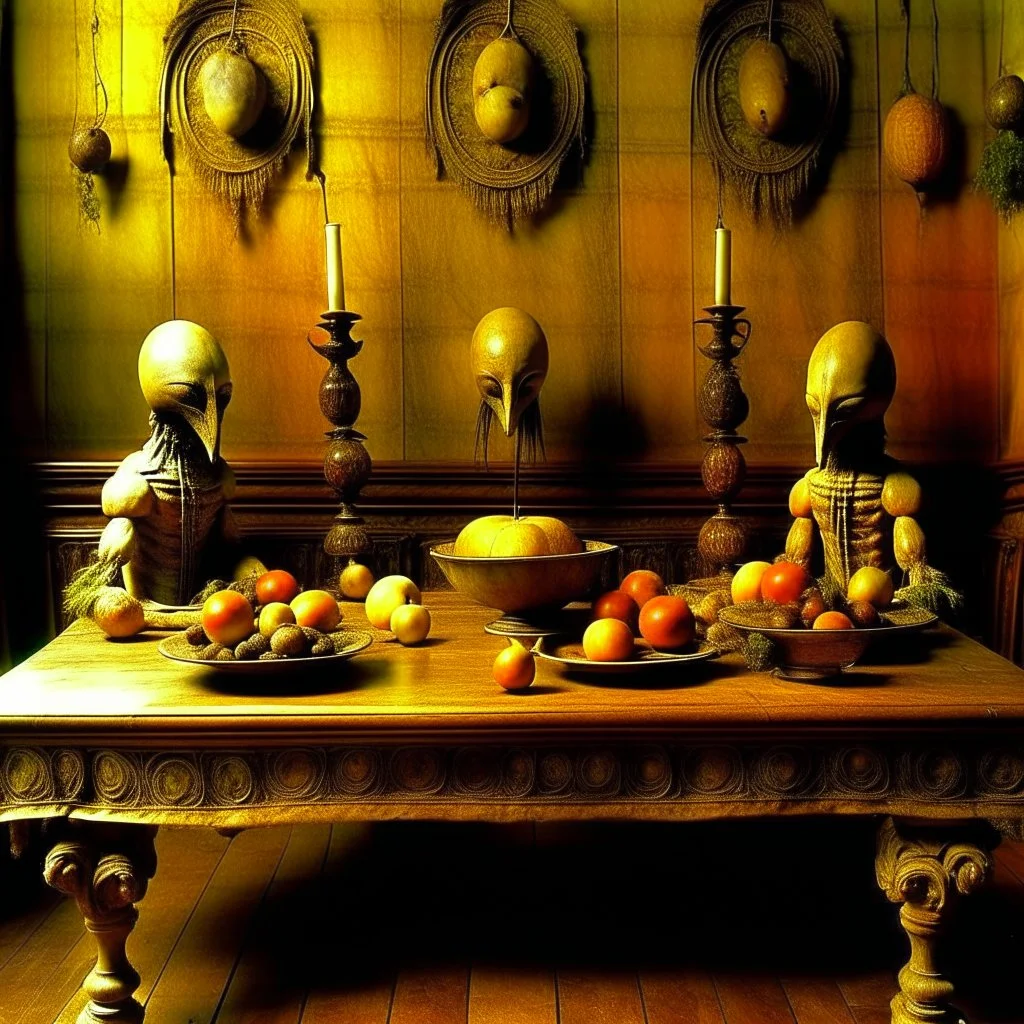 Rococo. Apples. Pears. Grapes. Dishes. Oranges. Wood table.