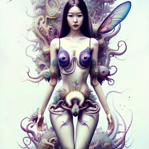 doll up, latex suit,Asian woman, leaning pose, full body, squid, intricate detail , watercolor illustration by <agnes cecile> butterflies everywhere, skulls, centipede, insects, nest, octopus, fly, squid, multiple eyes everywhere, Dryad, plants, wildflower,
