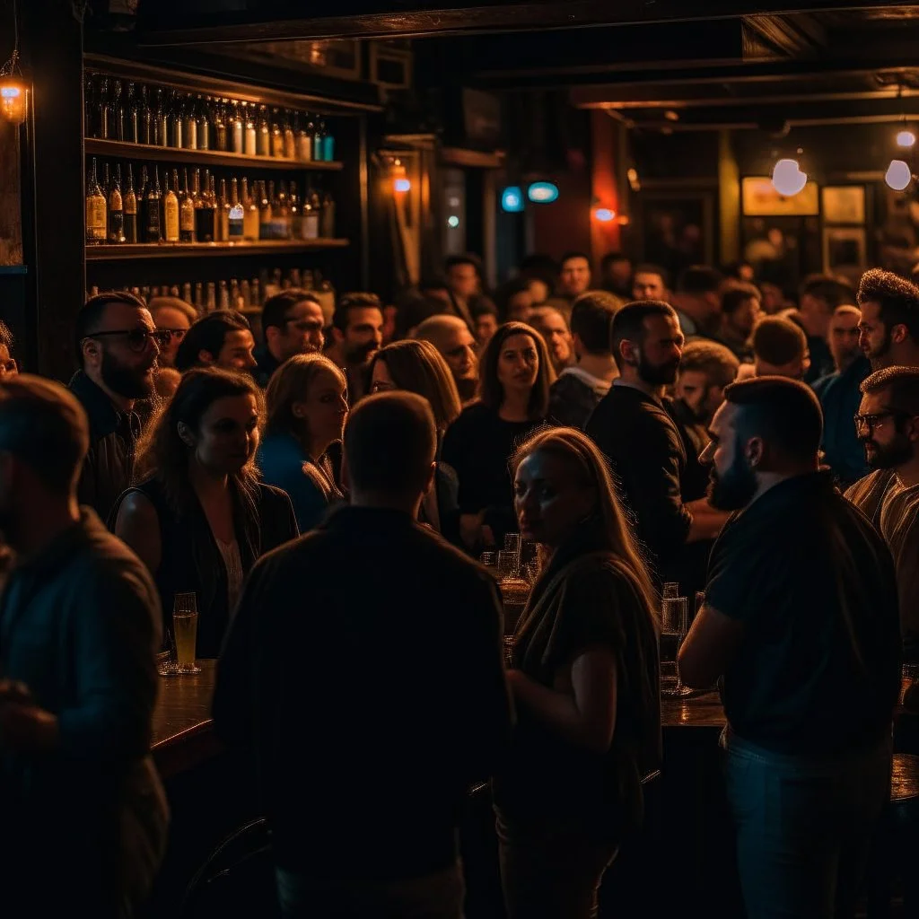 a crowded bar at night, lots of people, focus on a lonely person against the wall