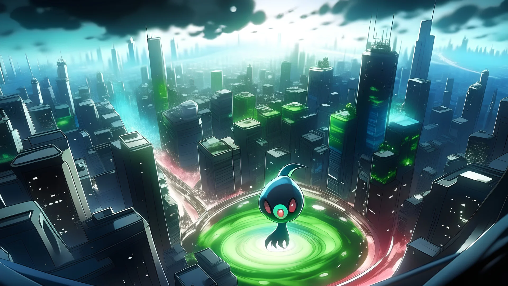 Highly detailed medium shot of Pokemon Gardevoir creating a black hole in a city, fantasy