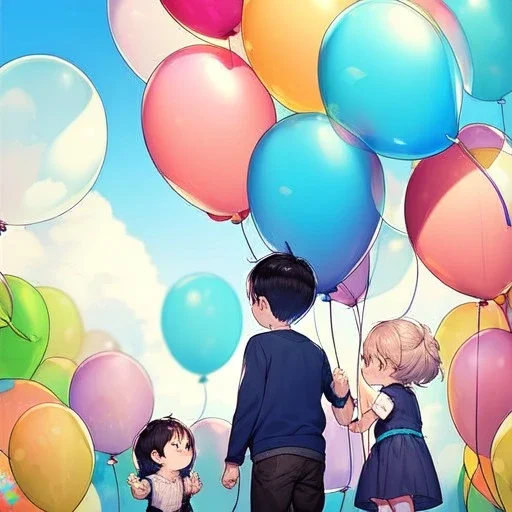 yound anime child letting go of a balloon, looking up into the sky at the balloon