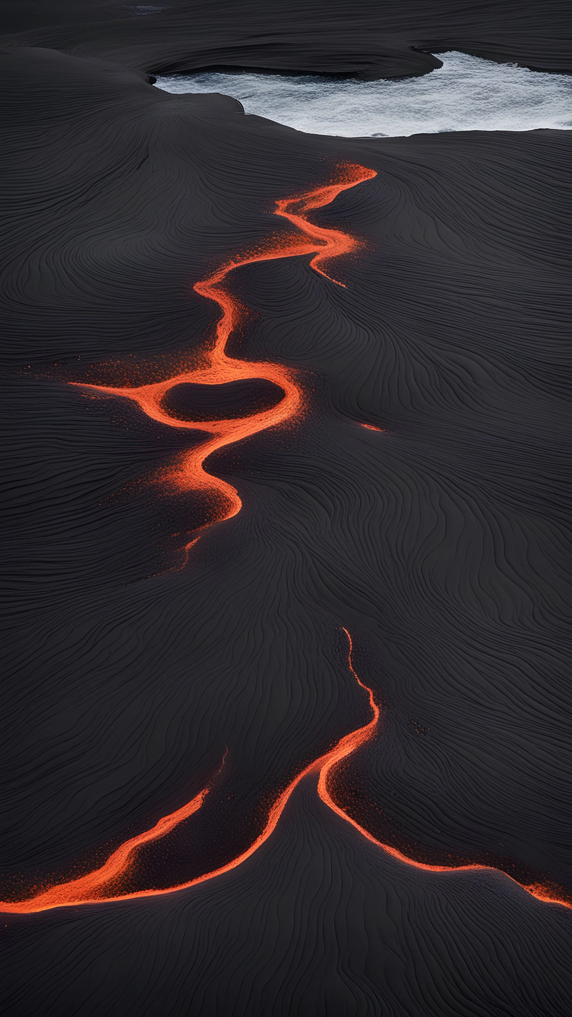 A volcanic island with black sand beaches, surrounded by lava that flows into the ocean, forming otherworldly patterns