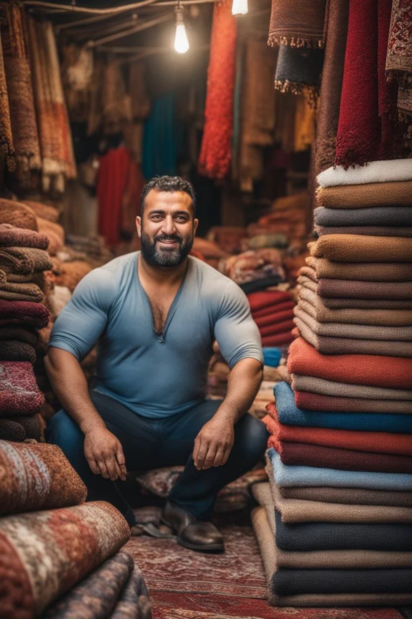 close up photography of a burly beefy strong 35-year-old arab in Istanbul bazaar, shirtless, selling carpets sitting on a pile of carpets, biig shoulders, manly chest, very hairy, side light, view from the ground