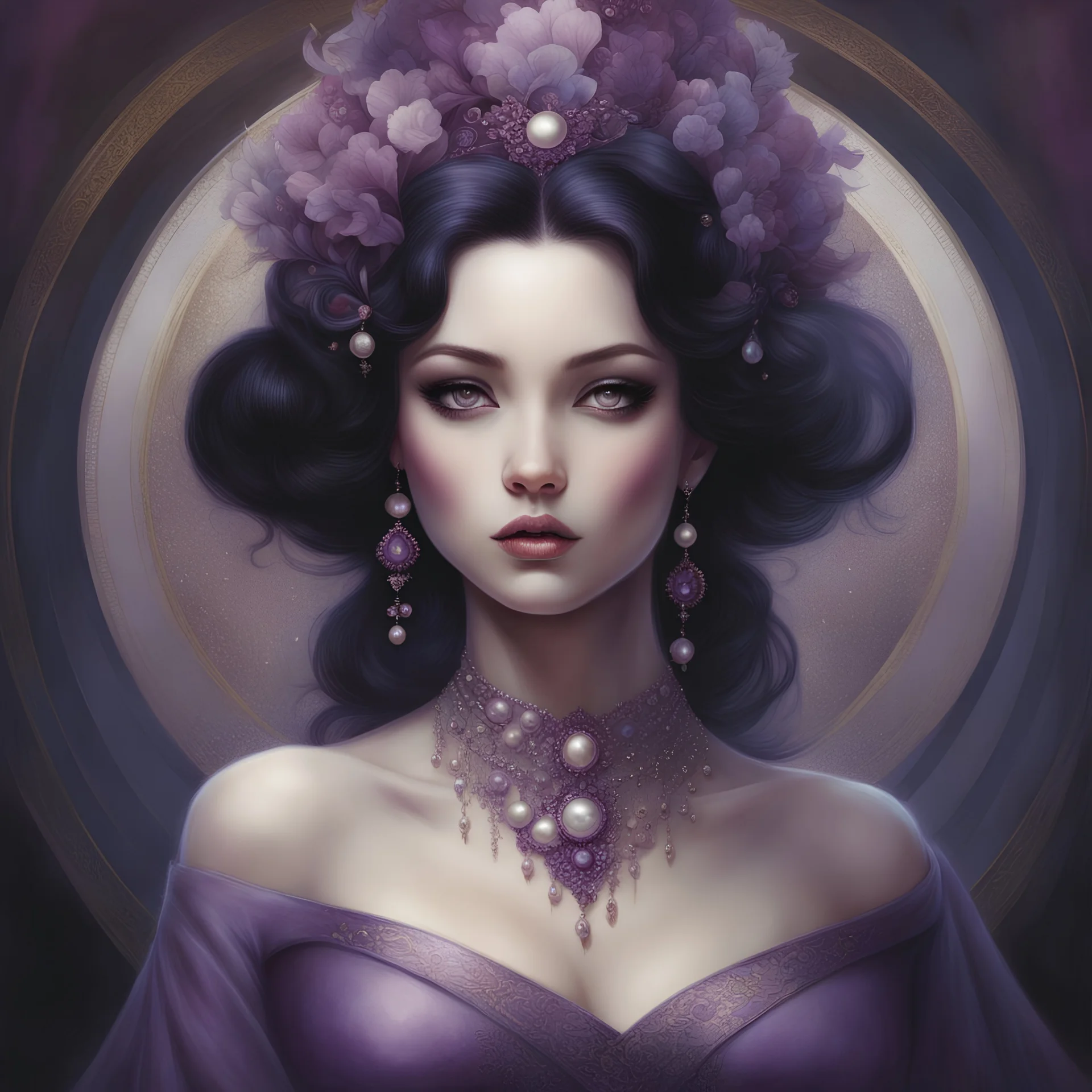 pearls. full body portrait of beautiful woman , purple clothes, black hair, pretty eyes, Breathtaking Masterpiece Fantasycore Artwork By Anna Dittmann, Daniel Merriam, Jean Baptiste Monge, Alberto Seveso, Erin Hanson, Jeremy Mann""