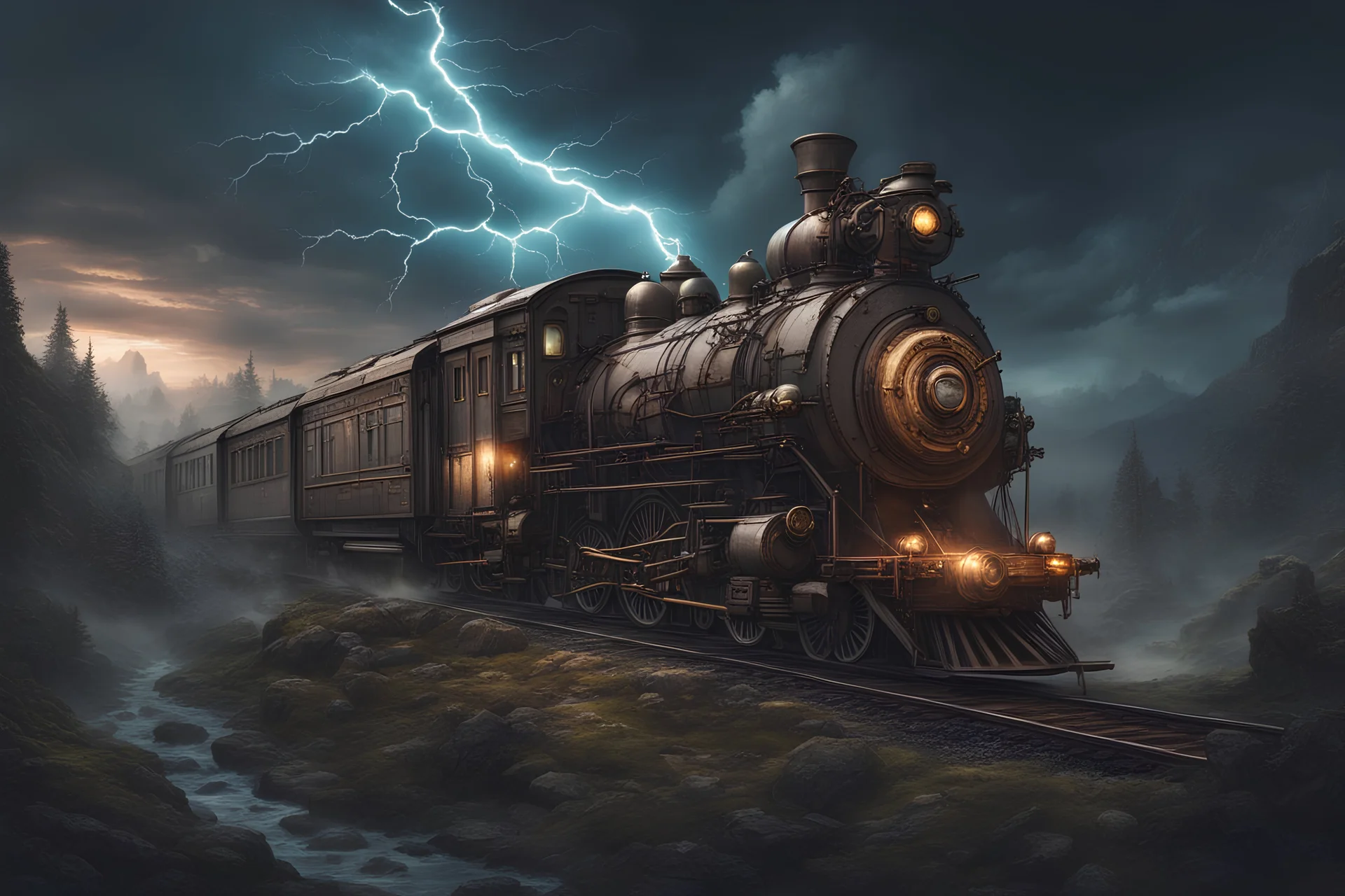 grim dark moody cold fantasy landscape with a steampunk lightning electric modern passenger train traveling through it
