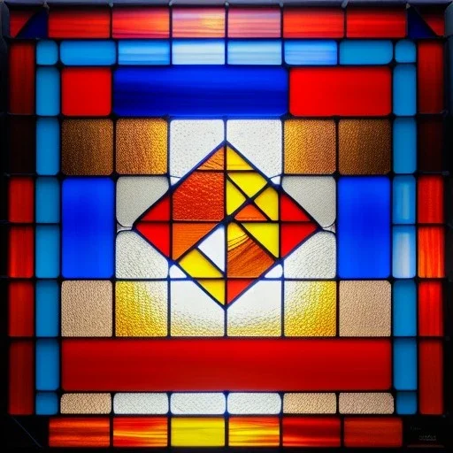 Hyper realistic piet mondrian, squares, stained glass window with lead caming, 4k, sunny day outside, reedglass, ambient glow