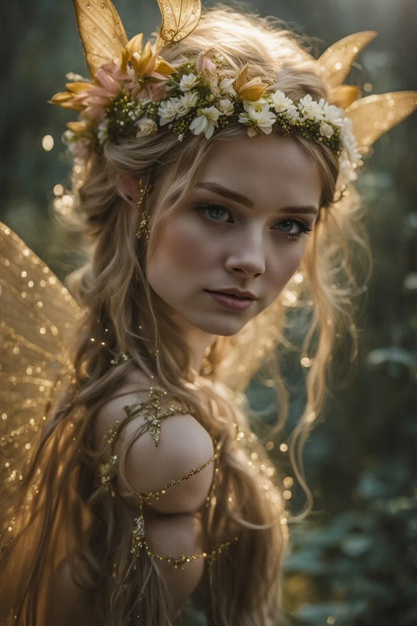 Pink flower crown,Pointed elven ears,Blonde hair ,Pink dress,Sparkling fairy wings,Very long golden hair,Fairy crown,pointed ears,elven ears,fairy wings,water lilies,sparkling,glittering,flowers,blossoms,golden crown,light pink dress