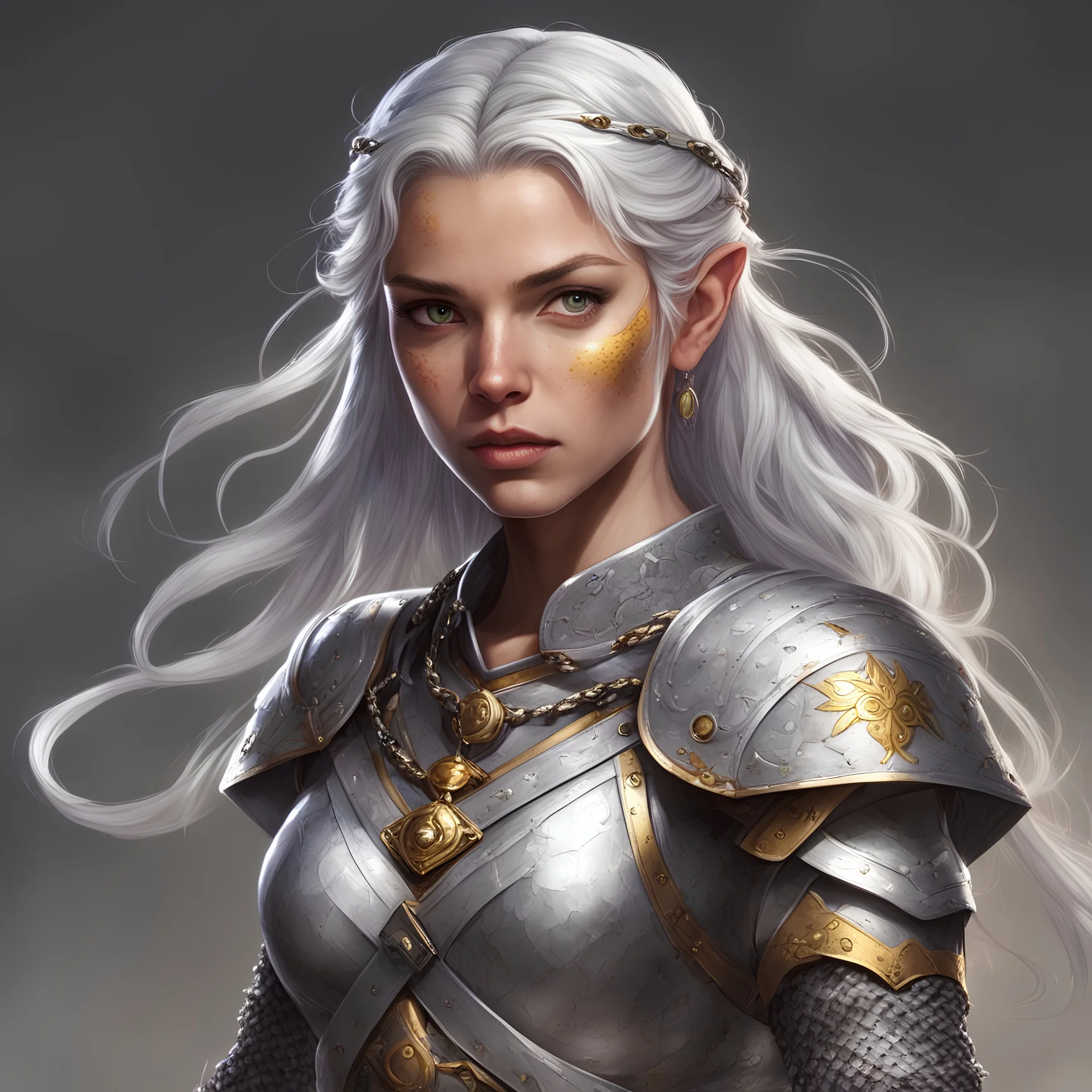 Generate a dungeons and dragons character; a female fighter aasimar . She has silver hair in a braid and golden eyes with freckles . she is wearing chain mail and has a long sword, show fully body