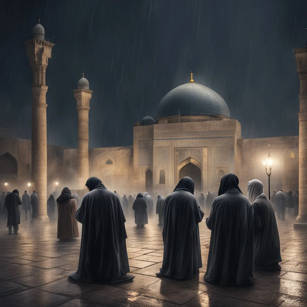 Hyper Realistic people praying outside Al-Aqsa mosque at dark rainy night