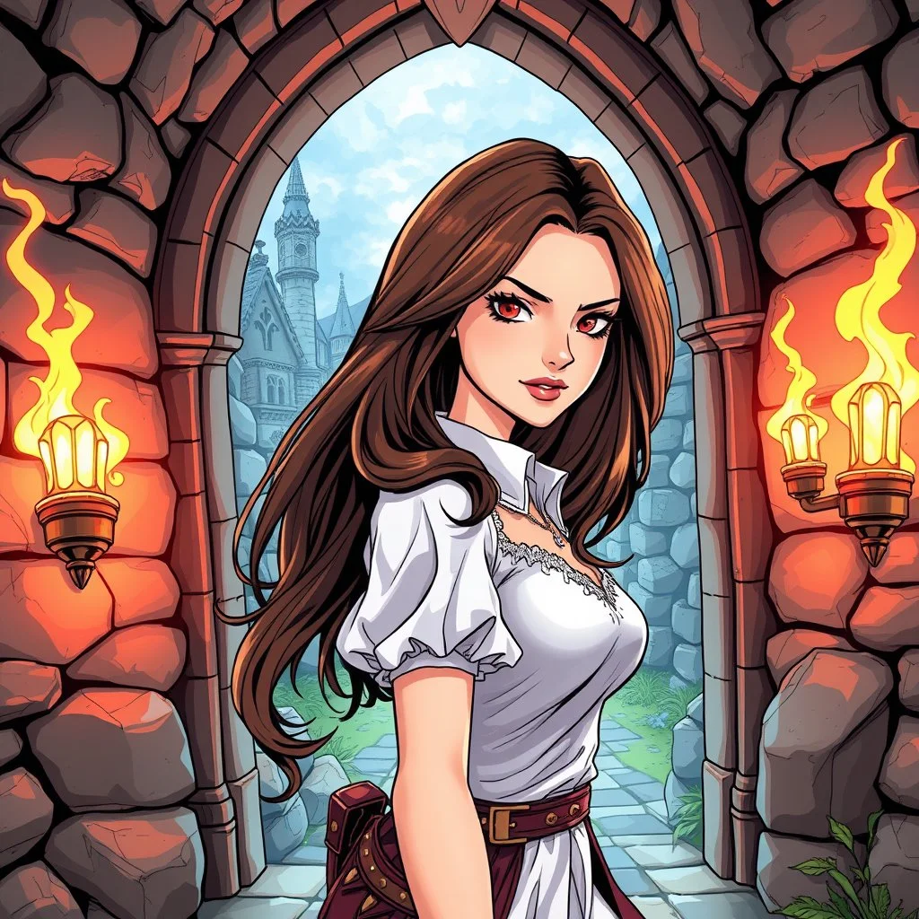 A confident woman with long brown hair and red eyes, stepping out of a magic portal into a medieval world, colored manga style, intricately detailed