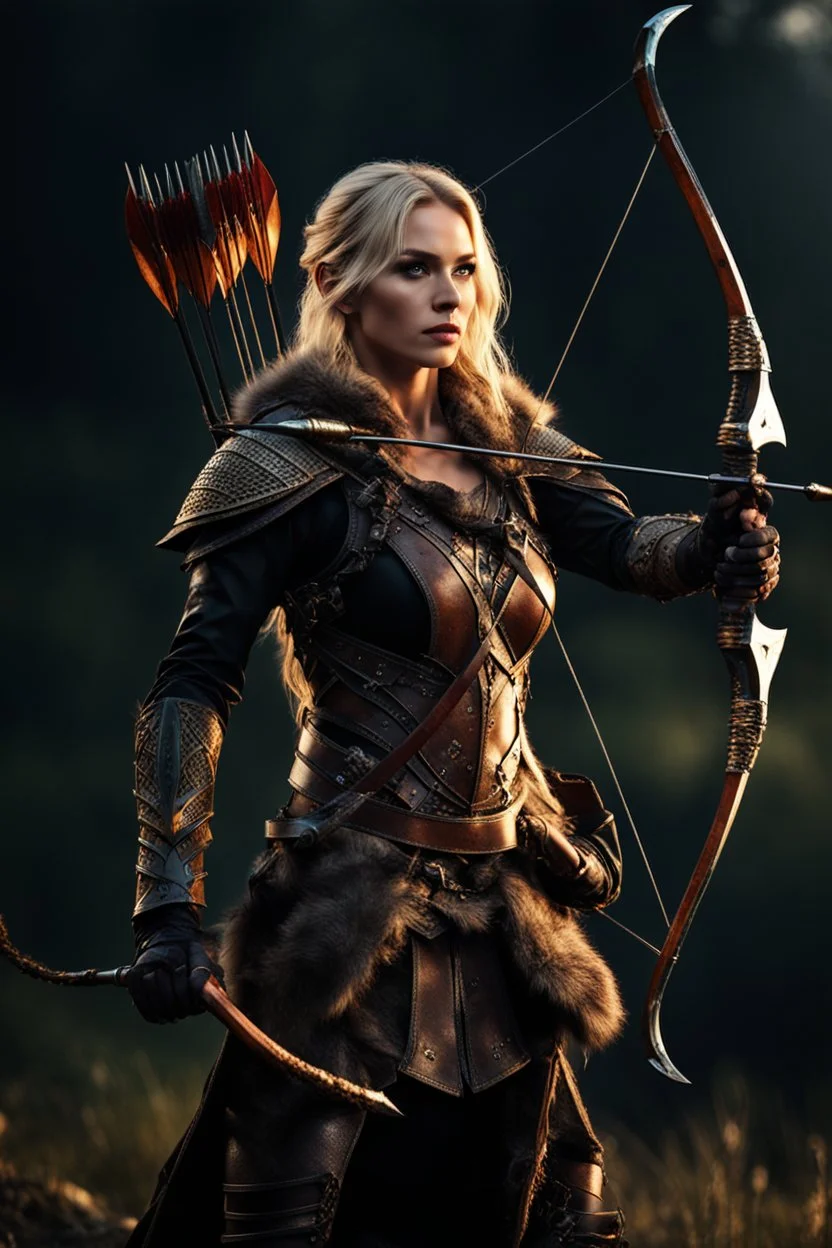 blonde female hunter with a bow and arrow wearing leather half armour dark fantasy Realistic 4k