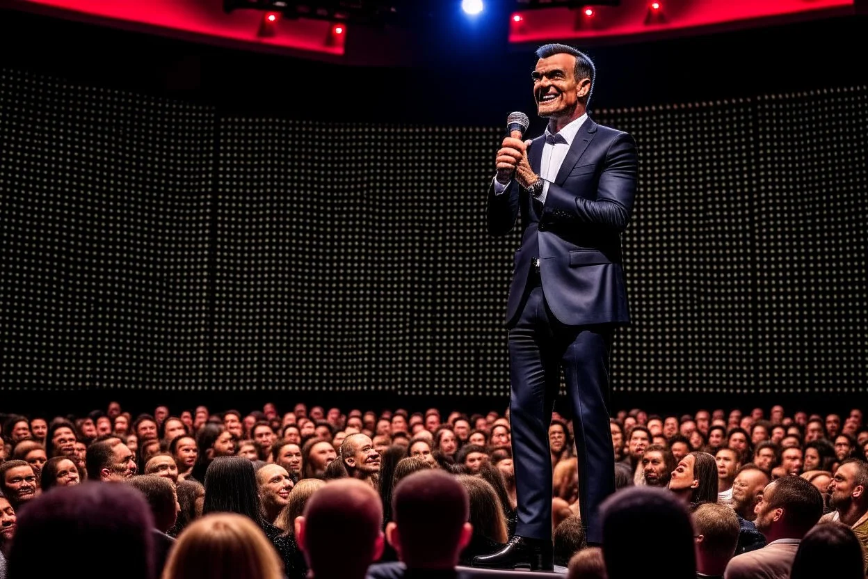 The photograph is of a speaker standing on stage in front of a large audience. The speaker appears confident and excited to speak in front of the audience. The speaker is shown dressed in formal attire and holding a microphone.