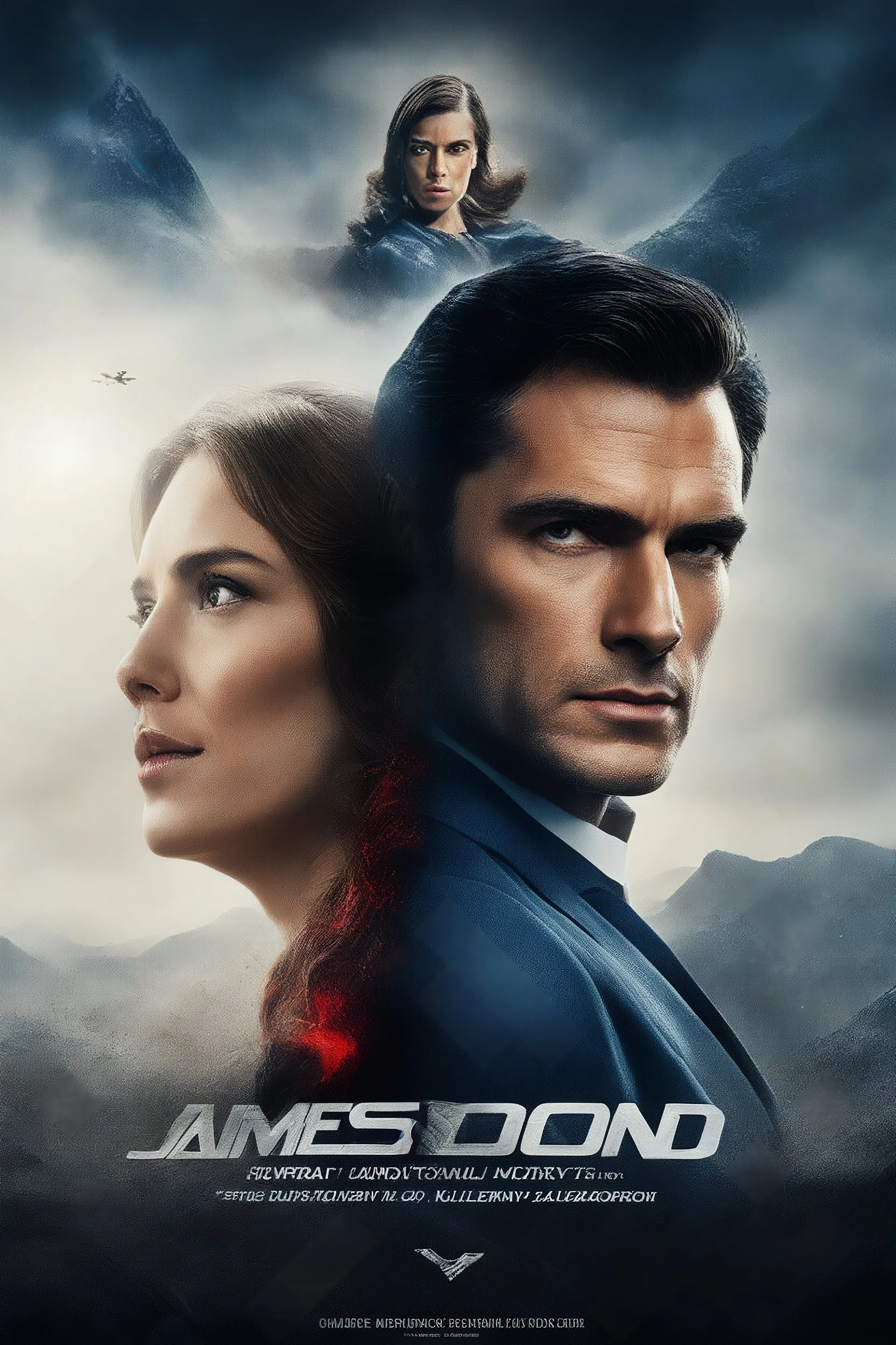 Create a movie poster for the movie "James Bond, 007 - Superman," Starring Henry Cavill and Alexandra Daddario, 4k, 8k, 16k, 32k, 100k UHD, Ultra-high resolution, photorealistic, 1080p, 4k, 8k, 16k, 32k, 100k UHD, Ultra-high resolution, photorealistic, 1080p, (matte skin:1.5), (extremely detailed face:1.5), (realistic human hair:1.5), (intelligent eyes:1.5), masterpiece, octane render, (long shot environmental portrait:1.8)