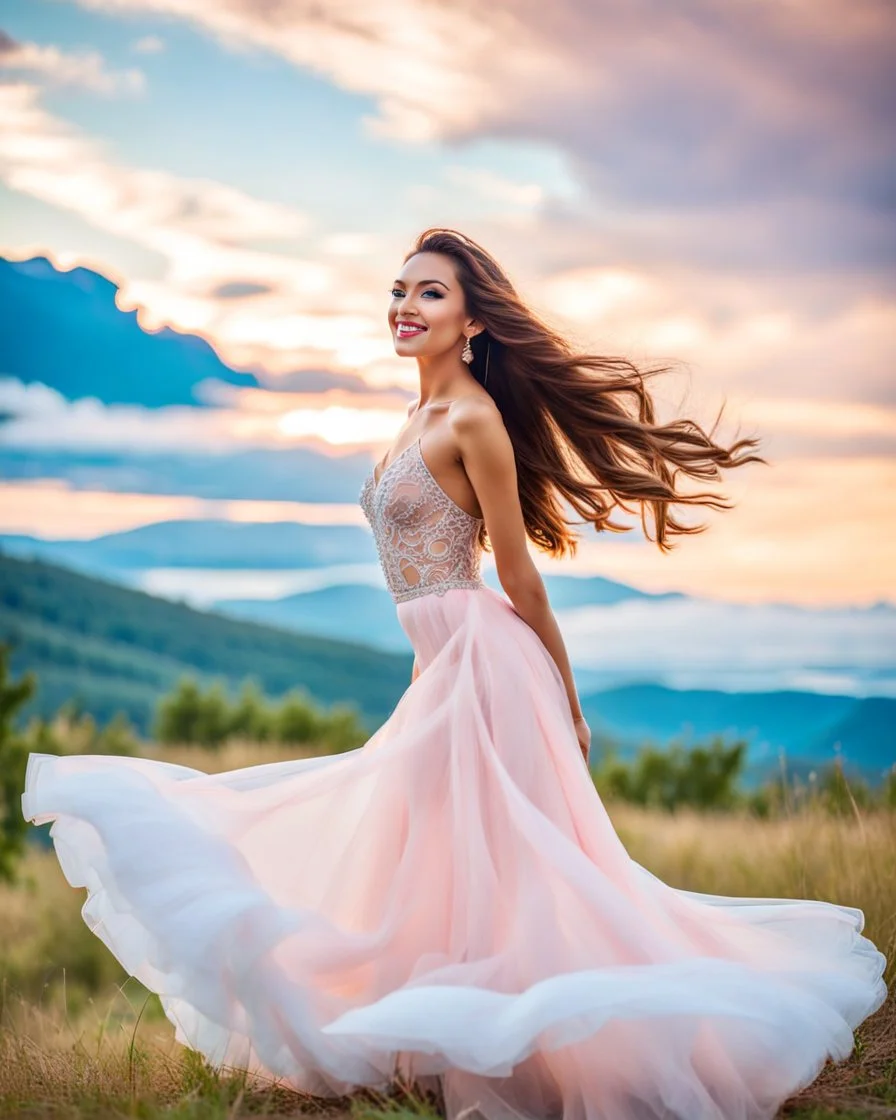 full-body closeup shot of a young, beautiful girl with a perfect face and makeup,wearing pretty dance dress standing in a stage in open air nice hills , blue sky ,pretty clouds at distant