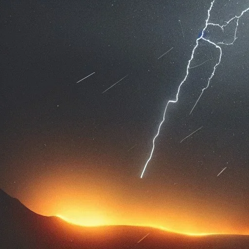 Heavy rain. Epic Lighting in the night sky. Knight with magic scroll in hand. Falling meteorite from the sky. Meteorite burning in the distance. Dark black mud.