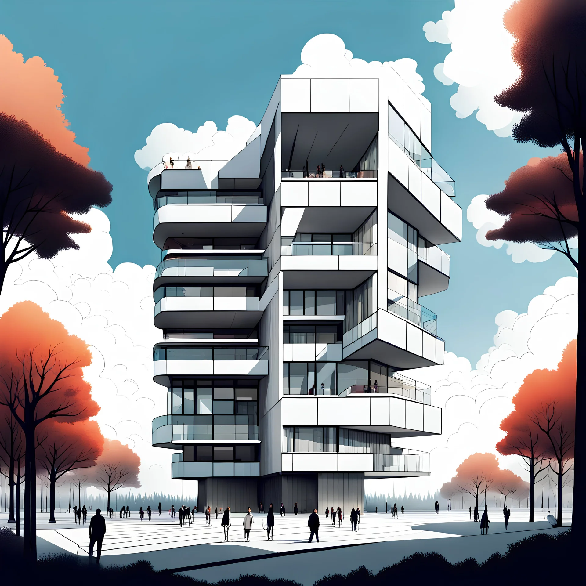 Dibujo arquitectónico de un edificio de cinco pisos, moderno, diseñado aplicando la proporción, estilo minimalista futurista, calidad ultra, gente, árboles, colores contrastantes, cielo con nubes pequeñas, maximalista