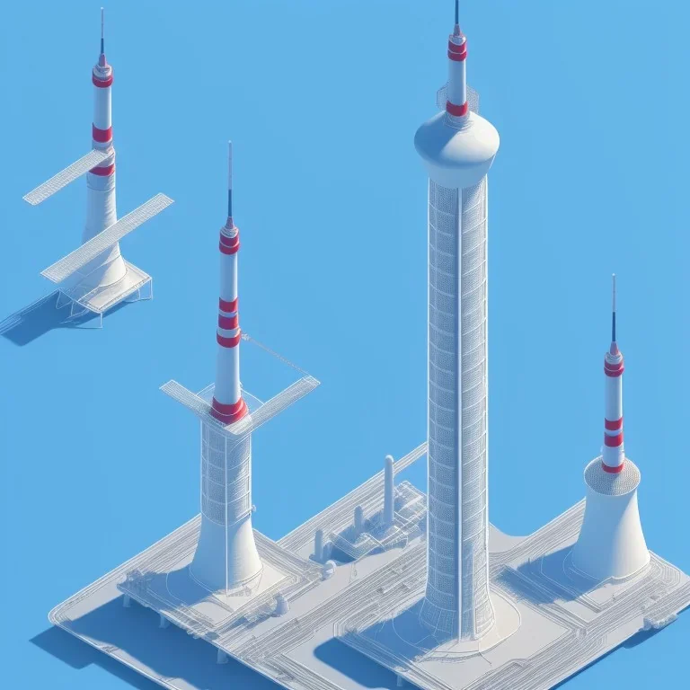 isometric architecture illustration of a power plant and a communication tower mostly blue scheme and 3d rendering