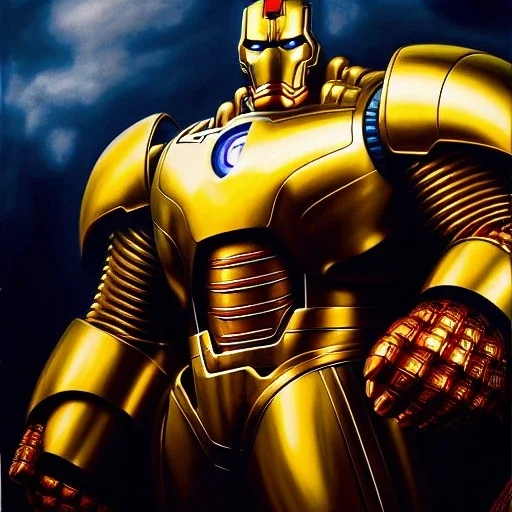 fullbody portrait in oil on canvas of Ultron Villain with Big Golden Hulkbuster armor, intense stare, masterpiece, realistic, intricate detail, sci-fi fantasy style, volumetric lighting, particles, highly detailed ,cinematic , deep colours, 8k, by Kaare Andrew and Robert E Howard and Ken Kelly