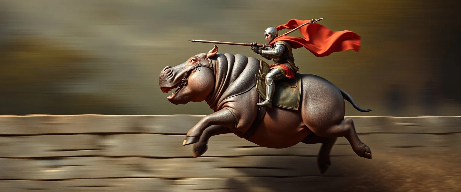 fast hippo hog kentaur jumping a wall with knight rider and lance, motion blurred background, painted by rembrandt