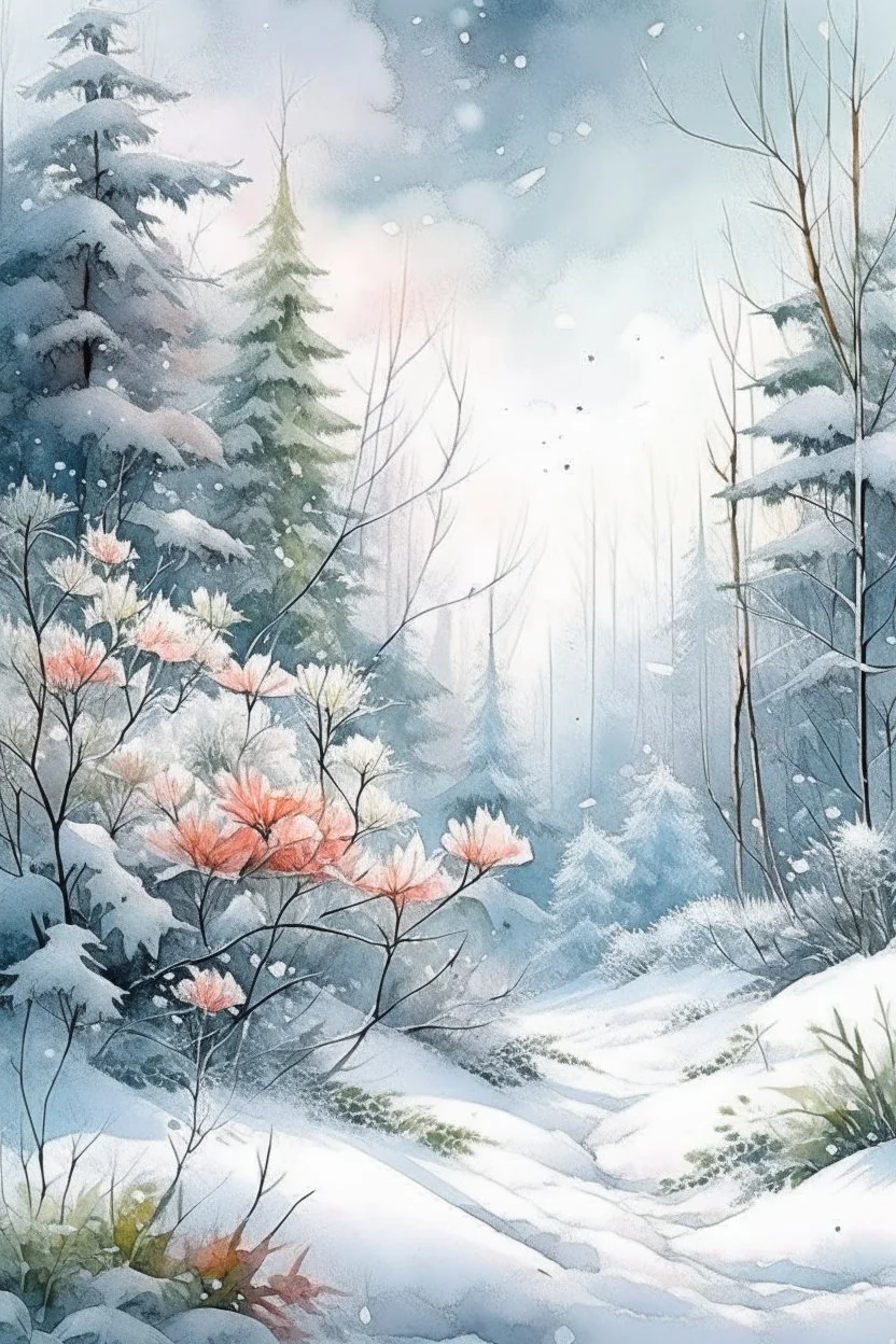 Wet watercolor, beautiful flowers, fir trees, fine drawing, beautiful snow-white landscape, pixel graphics, delicate sensuality, realistic, high quality, work of art, hyperdetalization, professionally, filigree, hazy haze, hyperrealism, professionally, transparently, delicate pastel tones, back illumination, contrast, fantastic, nature, space, Milky the way is fabulous, unreal, translucent, glowing,clear lines