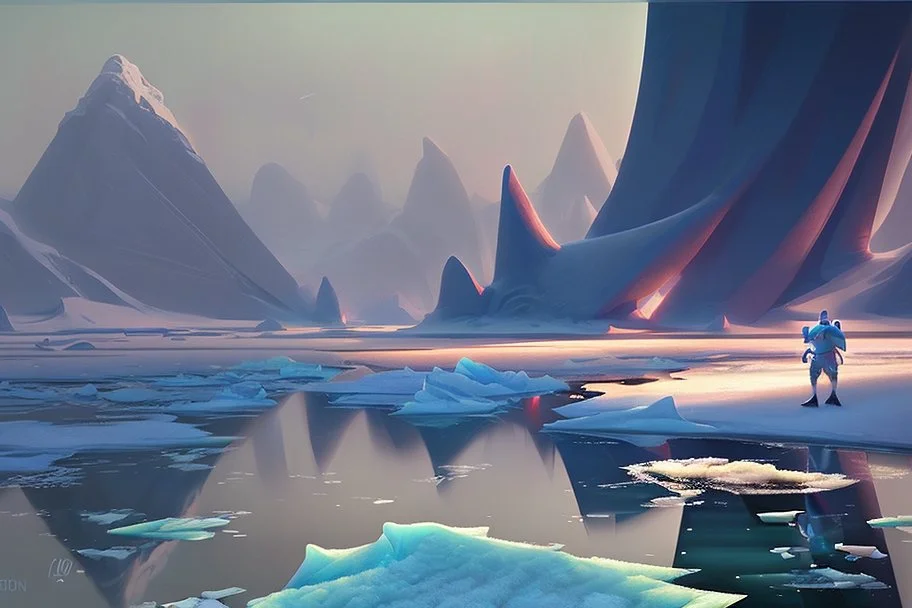 Night, ice blocks, lagoon reflection, sci-fi, epic, otto pippel painting