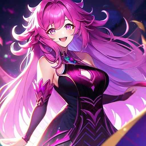 girl, masterpiece, best quality, volumetric lighting, detailed outfit, perfect eyes, fuchsia hair, fuchsia eyes, long hair, laughing, messy hair,