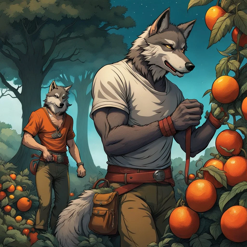 3d in body hair anthropomorphic wolf-man hybrid wearing a casual t-shirt, pants, and an orange belt, he harvests with his paws large reddish spherical fruits from a dark green bush-like plant. Behind him stands an older anthropomorphic wolf-man hybrid in t-shirt, pants and dark-orange belt. He carries a hoe on his left shoulder. In the background, orange-red fruits grow on other dark green bush-like plants, visible in the distance trees with thick trunks , detailed, scifi, fantasy