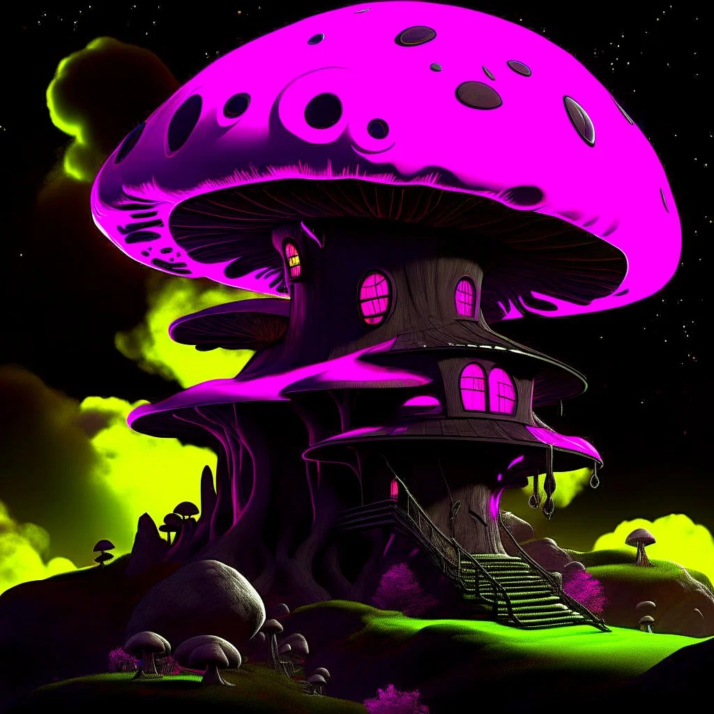 A fantabulous black, lime, and pink (((mushroom tower house))) erected atop a (geologic pillar), surrounded by the uncanny imaginative ((( swirling skies))), offset by the stark hues of a (neon-tinged nebulous space scape), within. captured by the hand a skilled master painter with a focus on (softly blurred compositions and voluminous lighting).