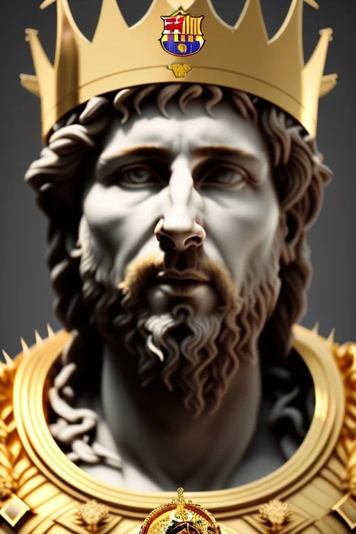 Ultra Realistic image, Roman sculpture, white marble material, Lionel Messi, gold crown of natural thorns, god crown, Renaissance style, sun rays background, waist up portrait, gold flecks, epic, celestial, cinematic lighting, God lights, 4k resolution, smooth details, soft lighting, unreal engine 5, art station, substance 3d.