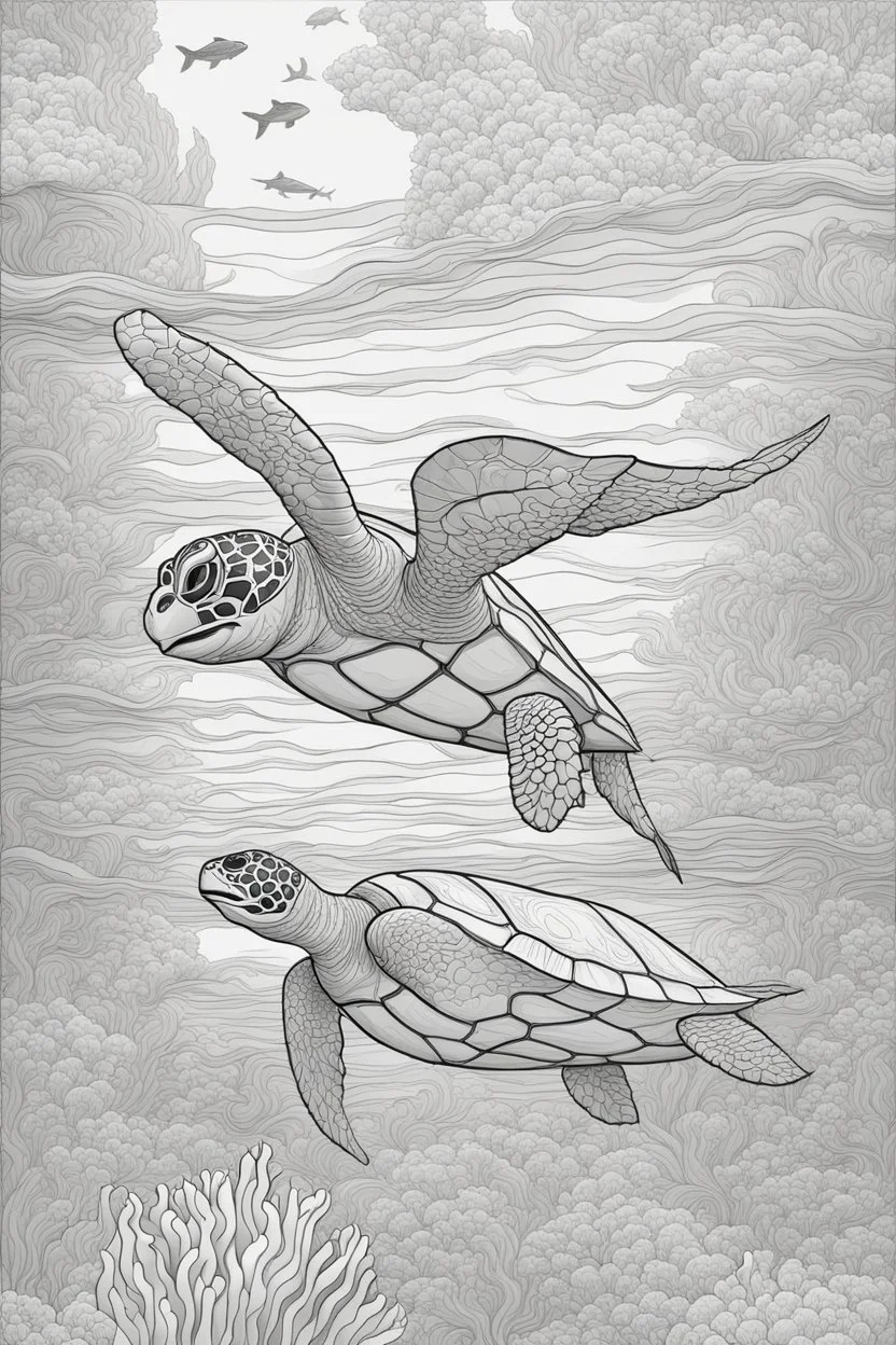 STRESS RELIEF themed coloring page for adult, cartoon style, thick outline, low details, no shading, no color, A serene underwater world with gliding sea turtles and coral