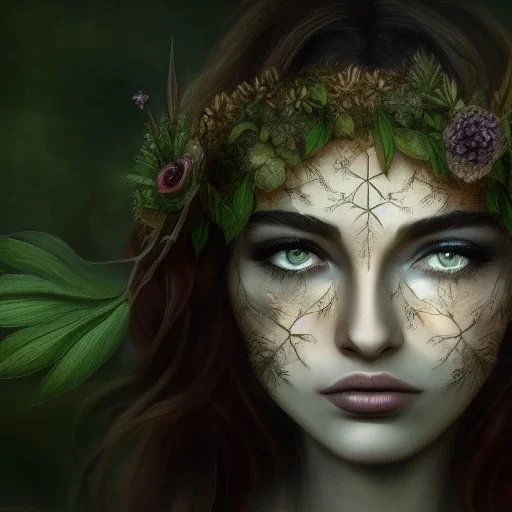 Portrait of beautiful girl, plant, metal, feathers, Dryad, fae, sidhe, ominous, nature, plants, wildflower, facepaint, dnd character portrait, intricate, oil on canvas, masterpiece, expert, insanely detailed, 4k resolution, retroanime style, cute big circular reflective eyes, cinematic smooth, intricate detail , soft smooth lighting, soft pastel colors, painted Renaissance style,bokeh, 800mm lens