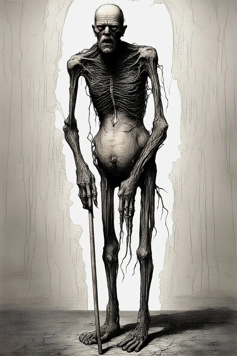 The full body of a fat old man , use the face in the picture , holding a cane , front view camera, decayed and rotting with grotesque proportions and imagery. surreal horror, biomechanical design, by hr giger and beksinski , fine lines draw