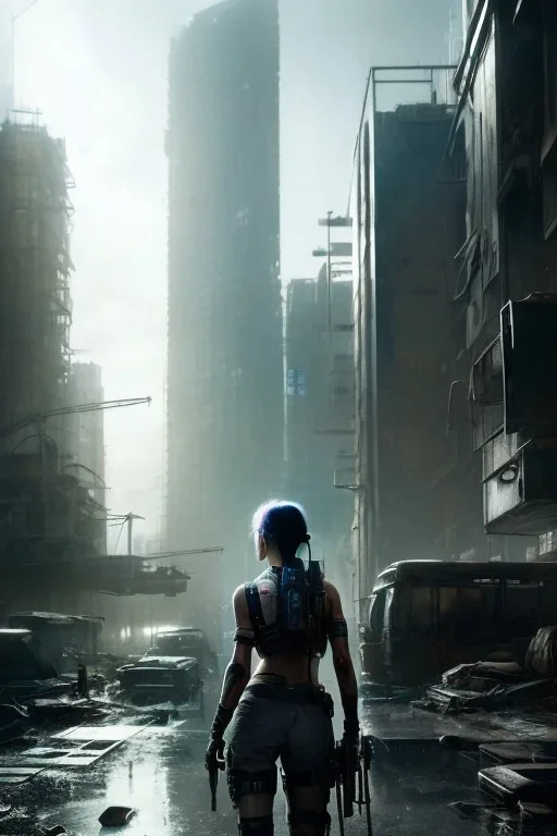 Girl post-apocalyptic in a cyberpunk city, realistic, intriacte detail, sci-fi fantasy style, volumetric lighting, particales,highly detailed,cinamatic, deep