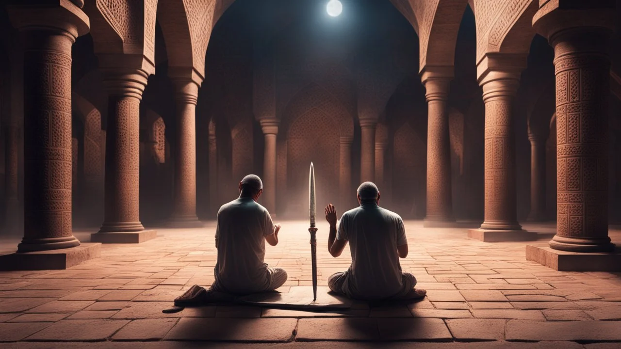 Hyper Realistic back-view of few-men-killing a man praying namaz with a sword inside a prehistoric-ancient-brick-mosque-with-ancient-islamic-architectural-patterns-crafted at night showing dramatic & cinematic ambiance