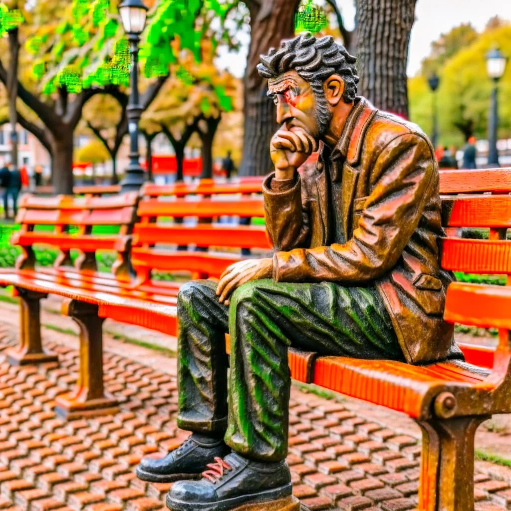 A figure of a man thinking about complex issues sitting on a park bench.