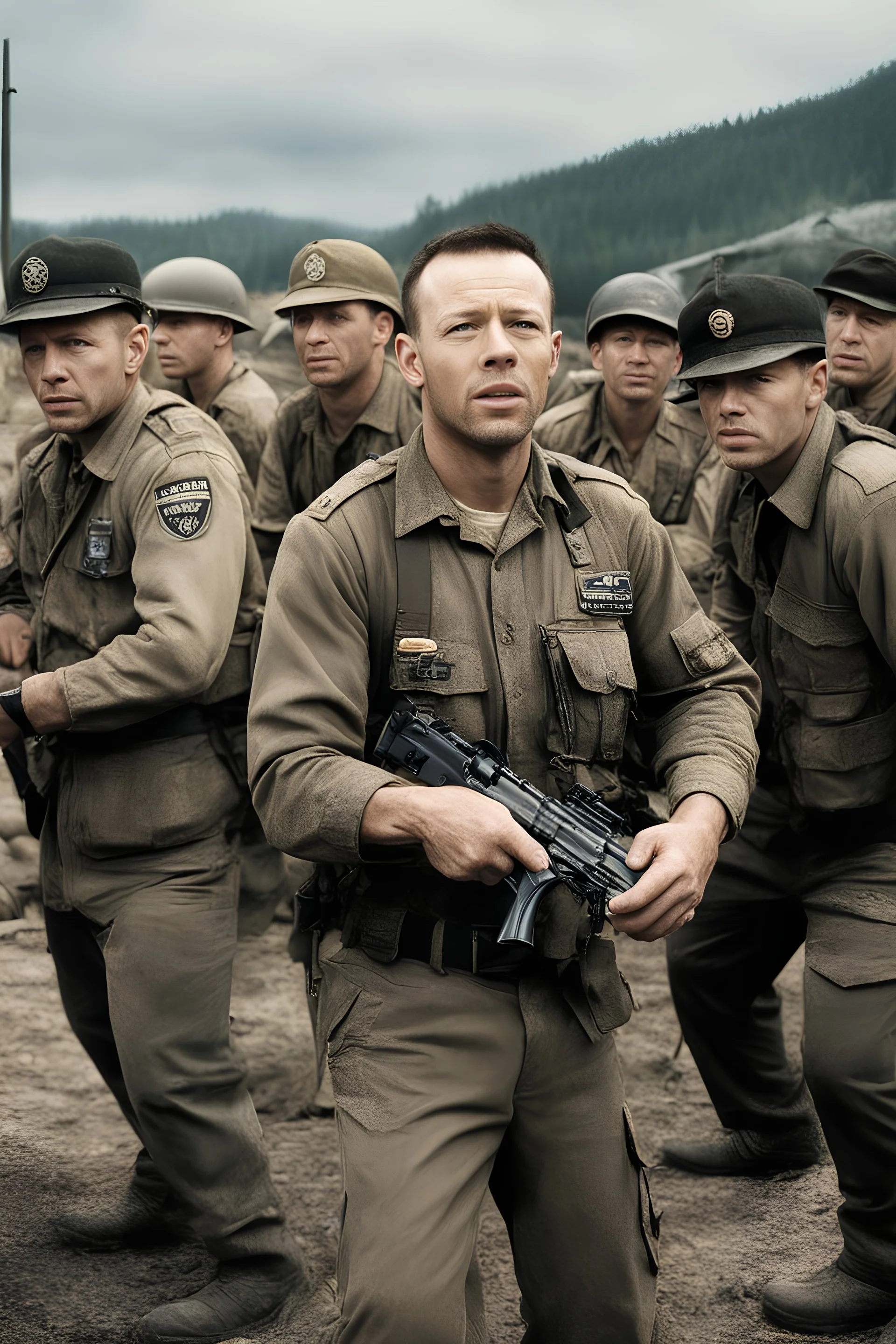 Band of Brothers, 29-year-old Donnie Wahlberg, Professional quality full color photography by Ansel Adams - 4k UHD, Ultra-realistic, Hyper realistic, Photorealistic, Realistic, absolute Reality