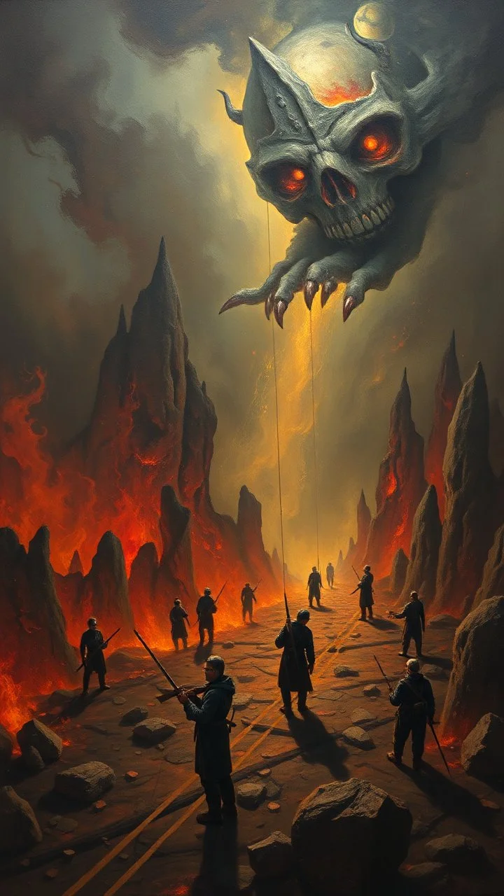 Bosch painting style nightmare people in hell fire