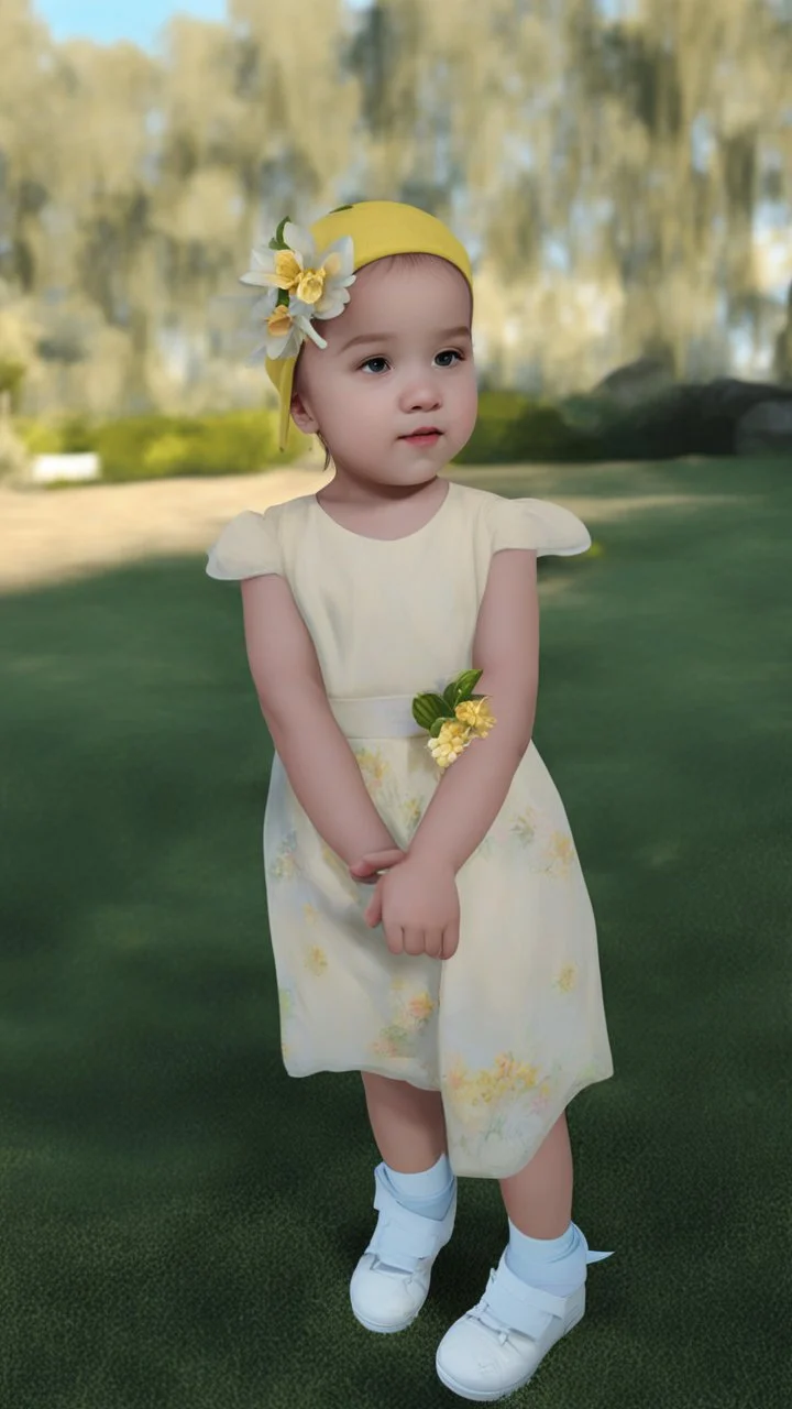 Little girl in yellow dress in 8k cartoon realistic artstyle