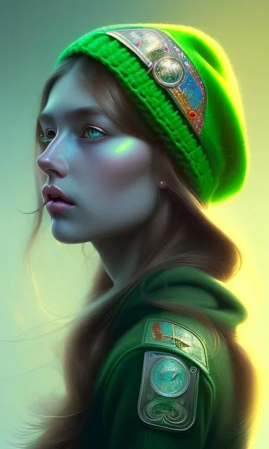 girl, cute, beautiful, long hair, wavy hair, green hair, blue eyes, green beanie, green coat, black tee shirt, head and shoulders portrait, 8k resolution concept art portrait by Greg Rutkowski, Artgerm, WLOP, Alphonse Mucha dynamic lighting hyperdetailed intricately detailed