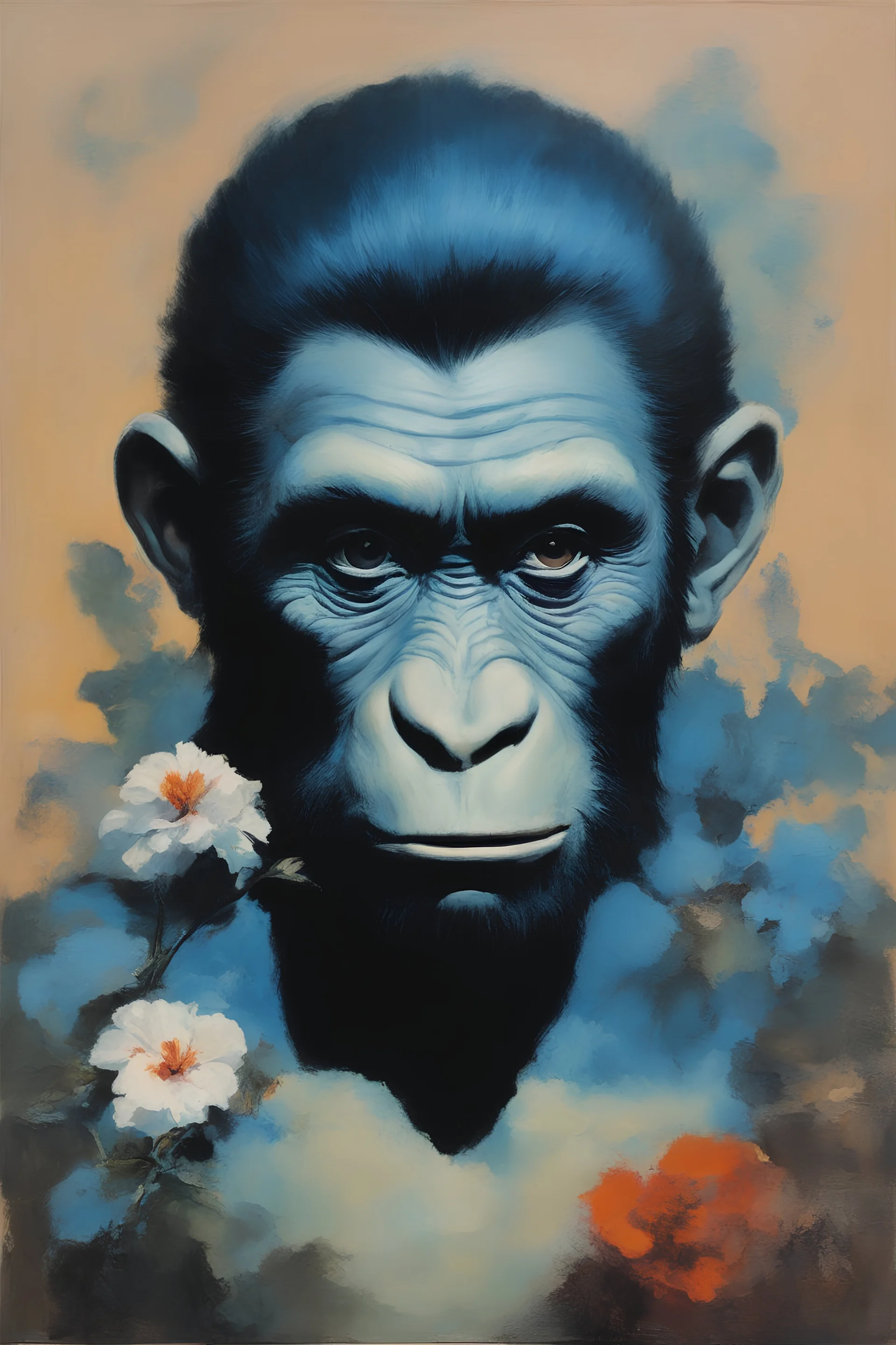 mugshot, Planet of the Apes, blue, large, floral designs, atmospheric, beautiful, China Doll, oil painting by Frank Frazetta