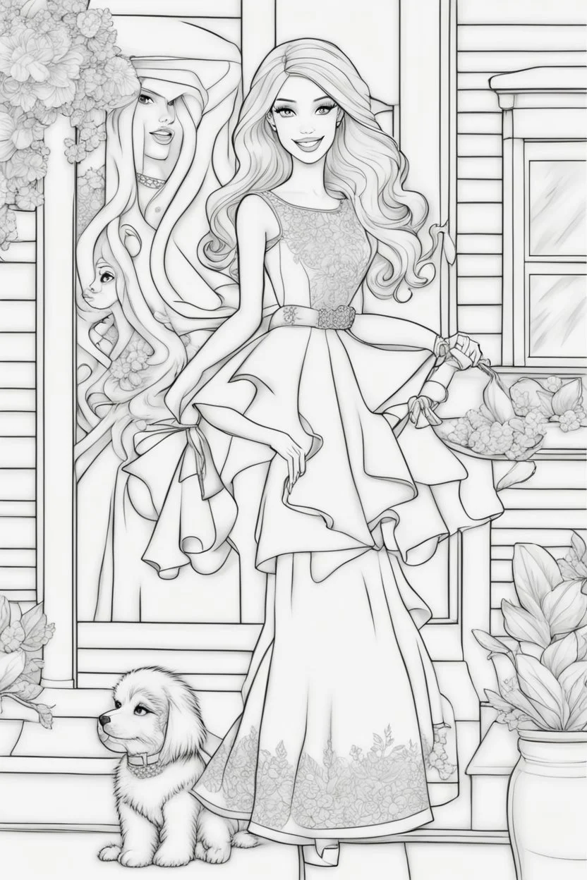 outline art for kids barbie coloring pages with barbie with her friends, no background, sketch style, full body, only use outline, mandala style, clean line art, white background, no shadows and clear and well outlined. should look exactly like barbie